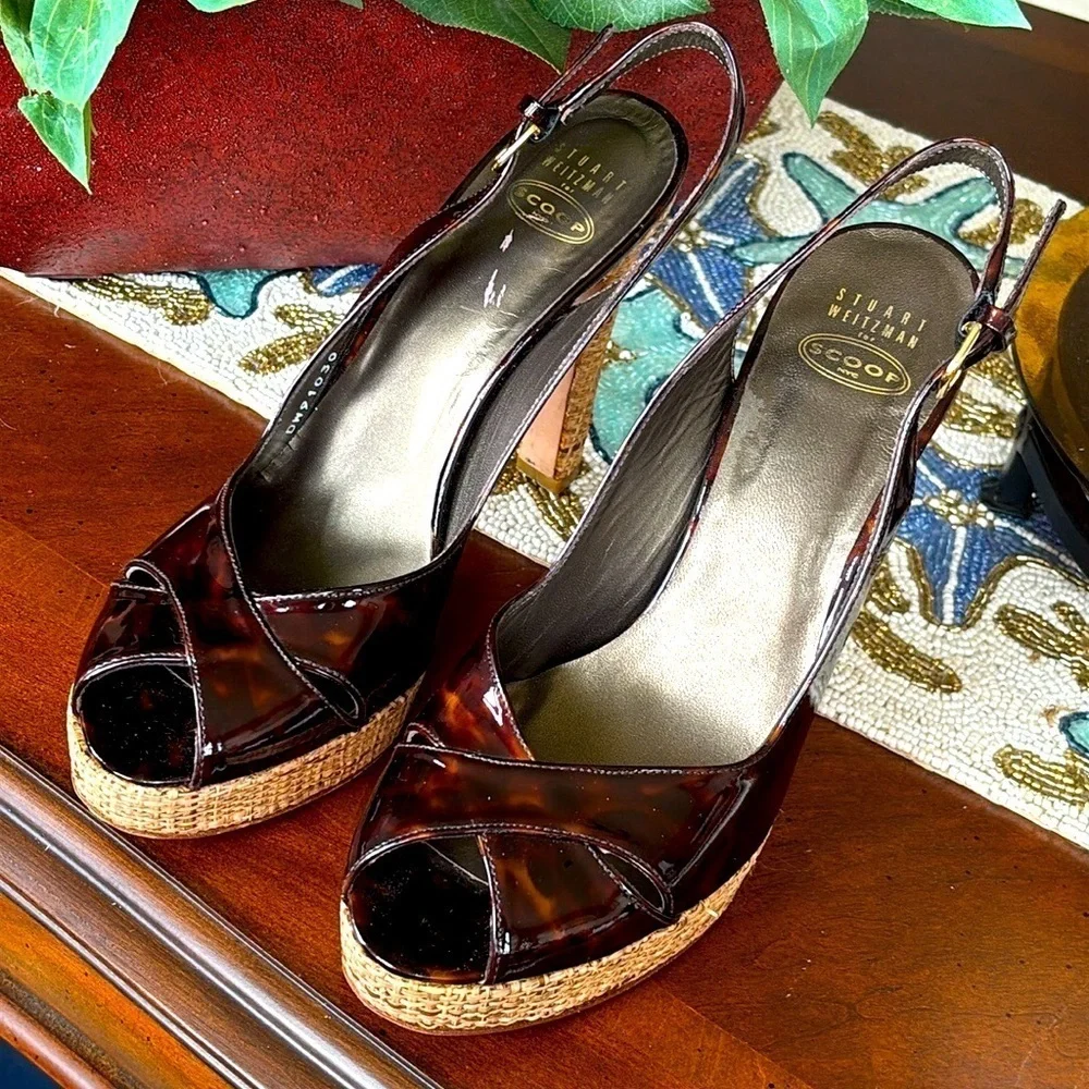 Stuart Weitzman for Scoop NYC Slingback Peep Toe Heels Tortoise Patent Leather